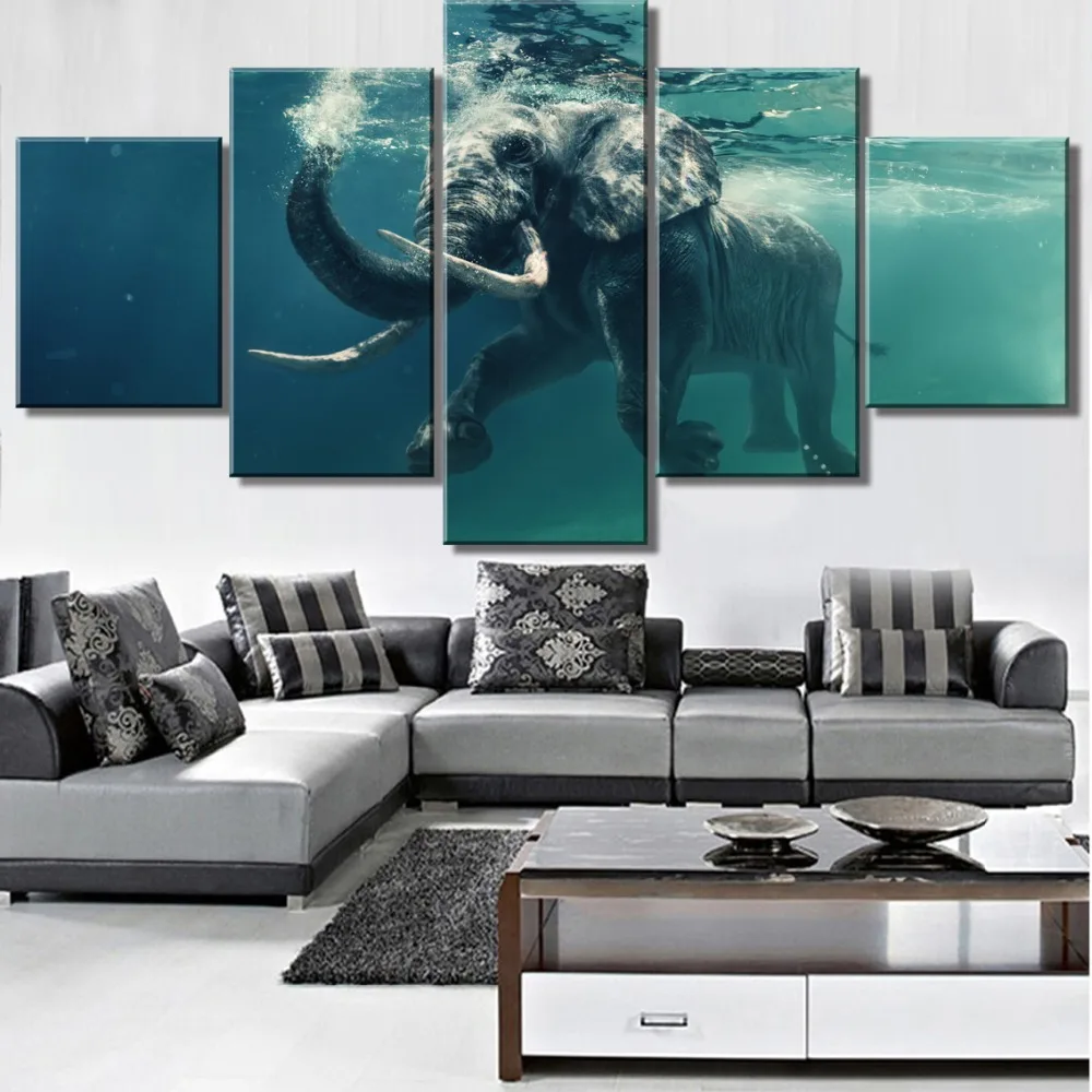 Framed 5 Piece HD Print Large Elephant Swimming Painting Canvas Wall Art Picture Home Decoration Living Room | Дом и сад