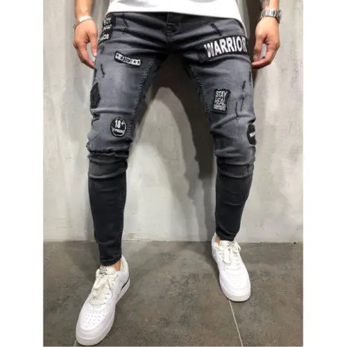 

Trendy Men Skinny Jeans Biker Destroyed Frayed Fit Denim Ripped Denim Pants Side Stripe Pencil Pants Hip Hop Streetwear S-3XL