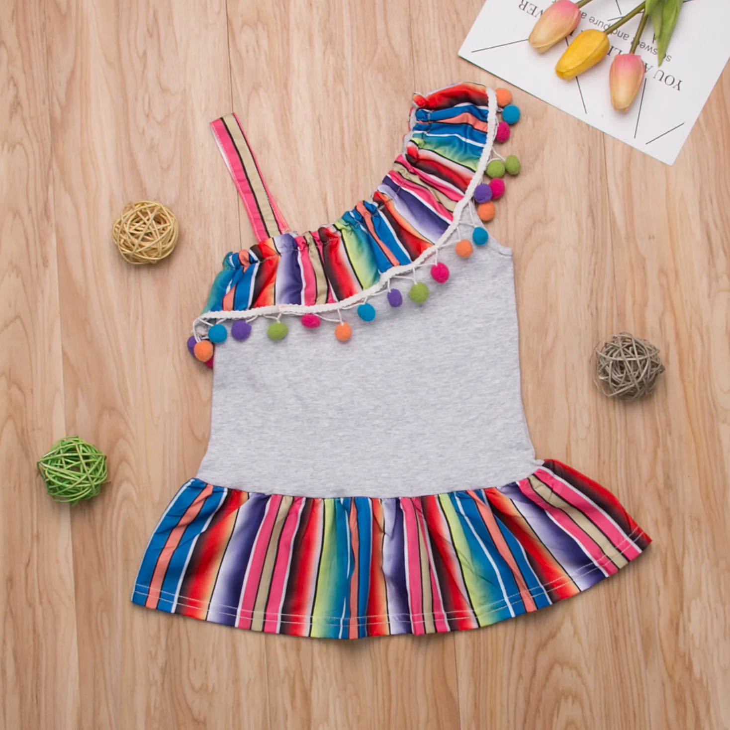 Lovely Kids Baby Girls Rainbow Dress/Romper Summer Girl One Shoulder Strap Tassels Dress Sister Matching Cotton Clothes 0-5Y | Детская
