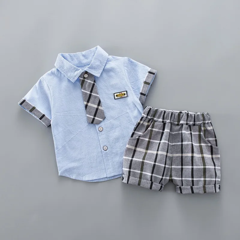 Kids Fashion Clothing Summer Children Boys Grils Cotton Clothes 2020 Plaid Tie Shirt Pants 2Pcs/Sets Toddler Gentleman Tracksuit | Мать и