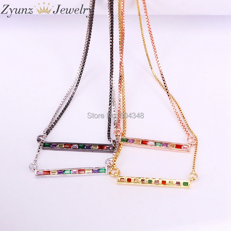 10PCS ZYZ338-0367 New Jewelry Rainbow Bar Pendant with Chain Necklace Micro Paved Tiny CZ Crystal | Украшения и аксессуары
