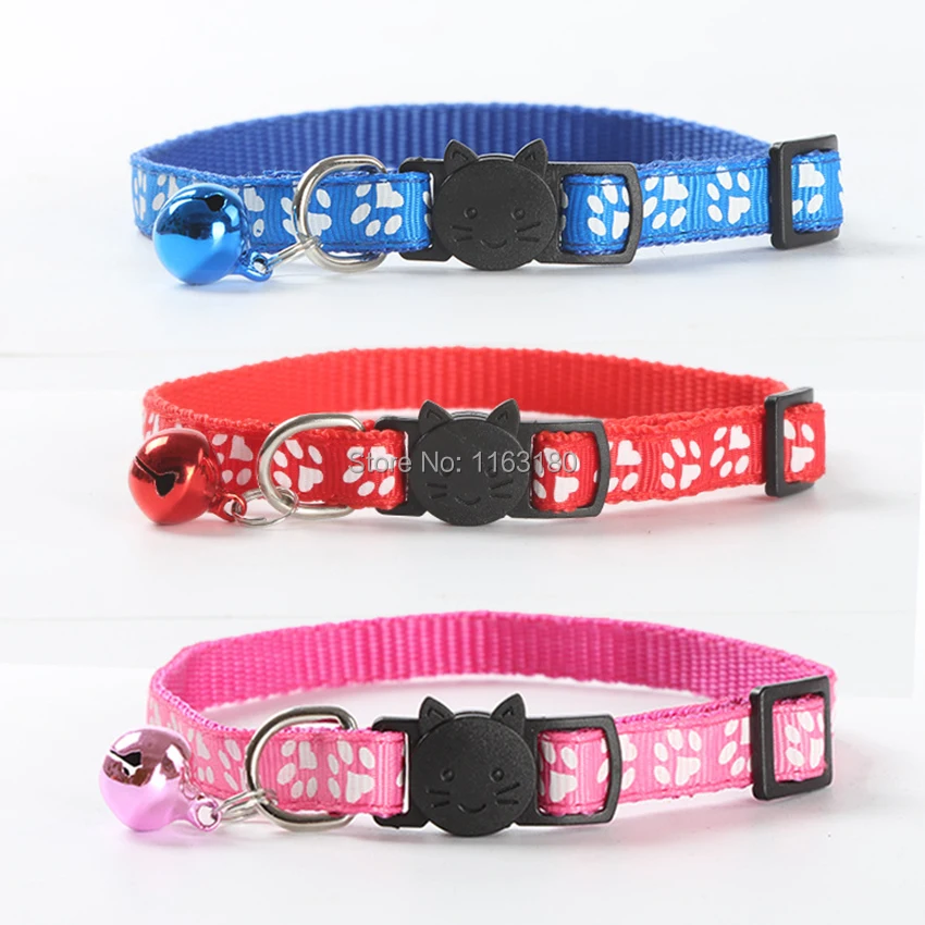 72pcs/lot Safety Nylon Dog Puppy Cat Collar Breakaway Adjustable Cats Collars with Bell and Bling Paw Printing Pet Supplies | Дом и сад