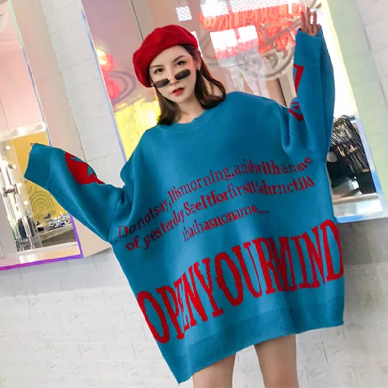 Vefadisa Women Loose Letter Pullover Sweater Dress 2019 Winter Knitted Batwing Shape Plus Size DQ487 | Женская одежда