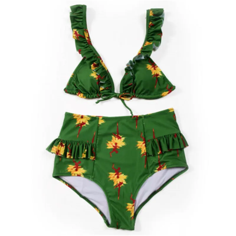 

Womens High Waist Bikini Push Up Swimsuit Split Bathing Suit Floral Printed Ruffles Green Swimwear Beach Wear Brazilian Biquini
