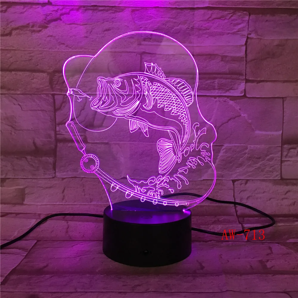 3D Светодиодная лампа с изменяющимися цветами в виде рыбы ночник для рыбалки USB