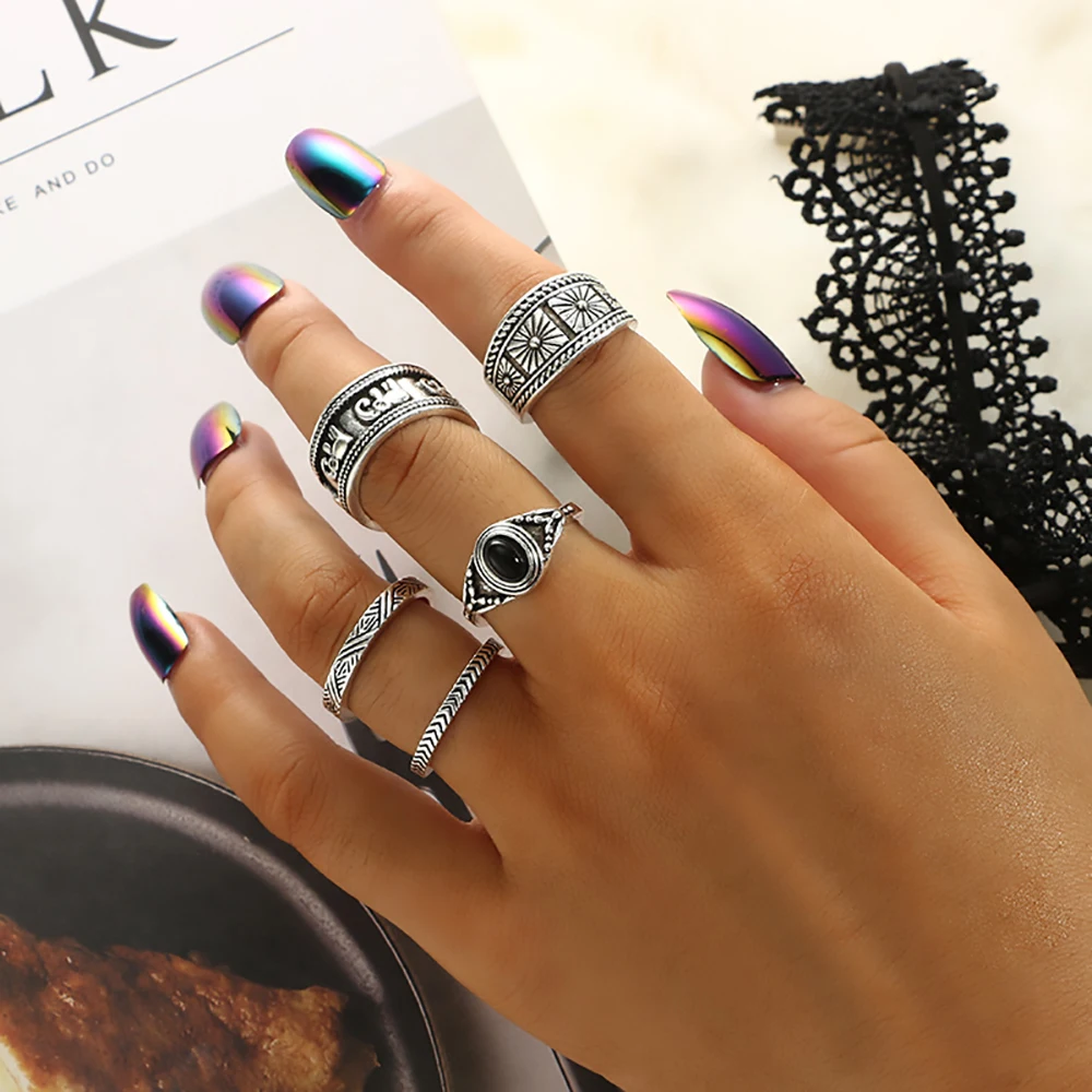 ProYearn Женские винтажные кольца Boho c черным камнем набор Штабелируемый колец на