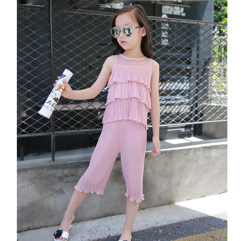 Emmababy Мода 2 шт. комплекты для маленьких девочек шифон Укороченные топы с оборками