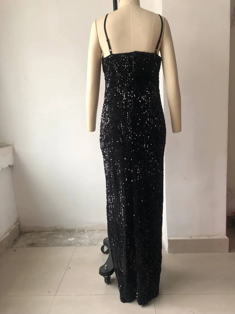V-neck Sling Sequined High Slit Dress Tight-fitting Hip Sexy Vestido De Festa Longo Bodycon Black Long 50j385 | Женская одежда