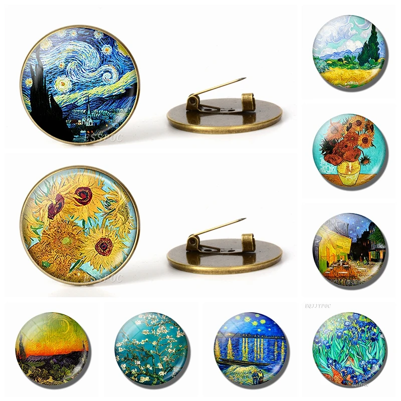 

Retro Van Gogh Art Starry Night Sunflower Brooches Men Women Glass Cabochon Dome Jewelry School Bag Bronze Brooch Pins Gift