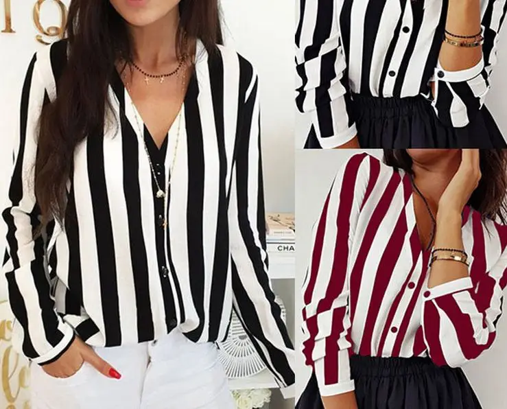 Женская рубашка в полоску с V-образным вырезом и длинным рукавом | одежда