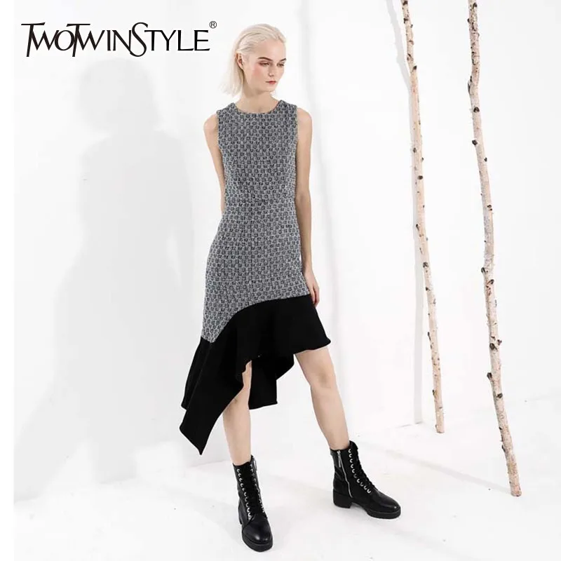 TWOTWINSTYLE Асимметричные шерстяные платья женские с круглым вырезом без рукавов