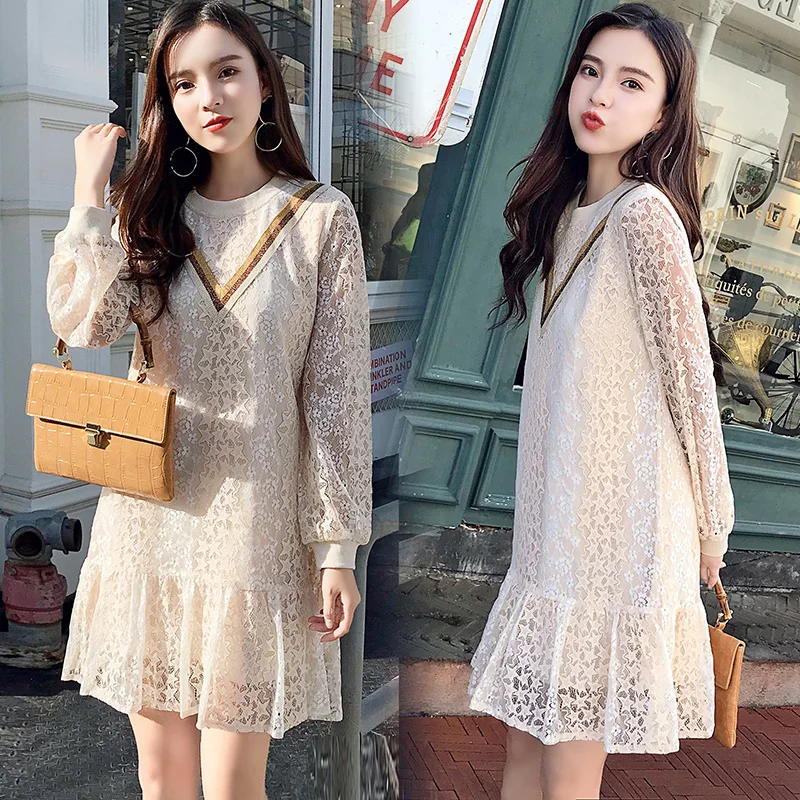 Cute Sweet Mini Dresses Hot Sales Women Fashion Long Sleeve Basic Casual Patchwork Ruffled Hollow Out Lace Princess Dress 10828 | Женская