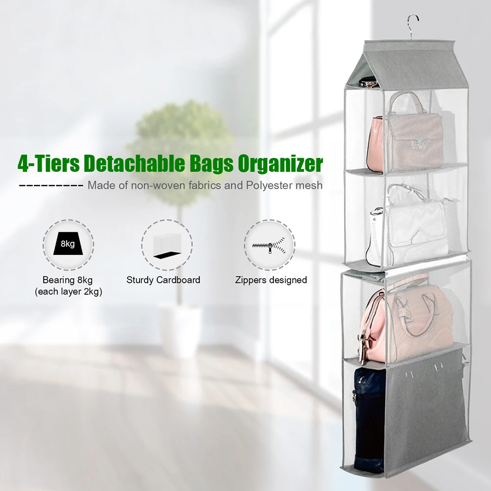 

4-Tiers Storage Bag Non-woven Detachable Closet Bags Organizer Handbags Hanging Shelf Collapsible Clothing Storage Holder