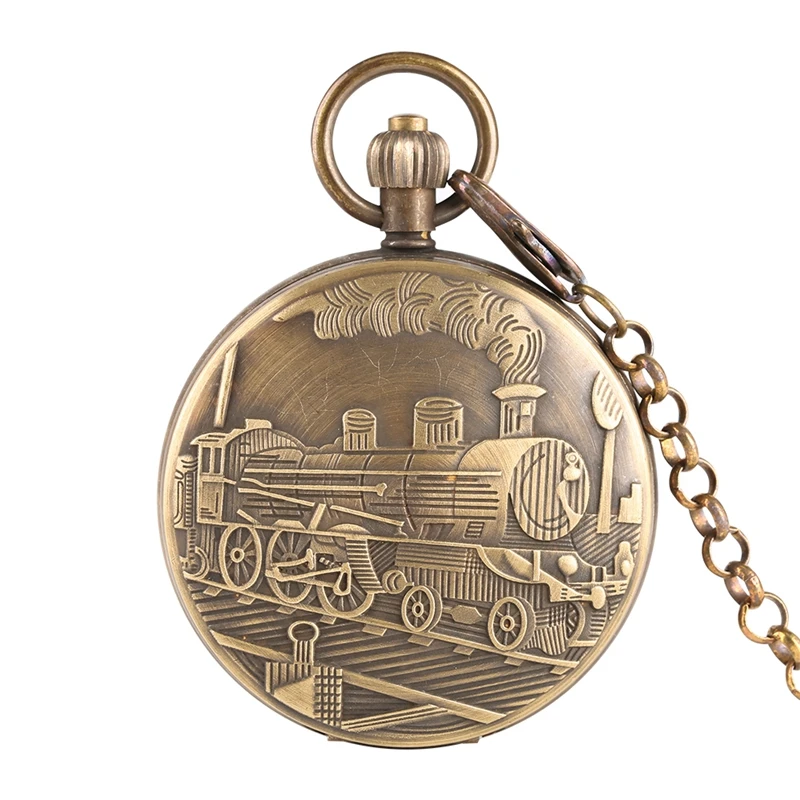 Pure Copper Tourbillon Phases Moon Sun Mechanical Pocket Watch Retro Locomotive Steam Train Design Chain Watches Collectibles