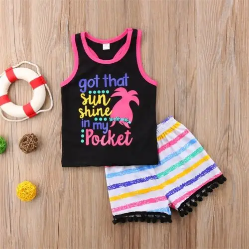 2019 New Kids Troll 2PCS Summer Baby Girl Sleeveless Tank Top T Shirt+Rainbow Tassel Shorts Clothes Children Casual Outfit Set | Детская