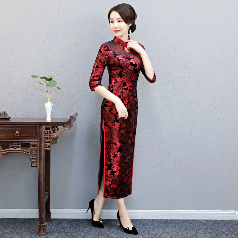 Женское китайское традиционное вечернее платье Cheongsam бархатное длинное