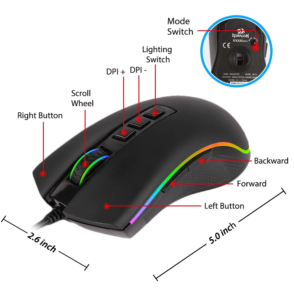 Redragon M711 1 игровая мышь RGB проводная 5000 dpi 6 Регулируемых уровней с 8 кнопками для ПК
