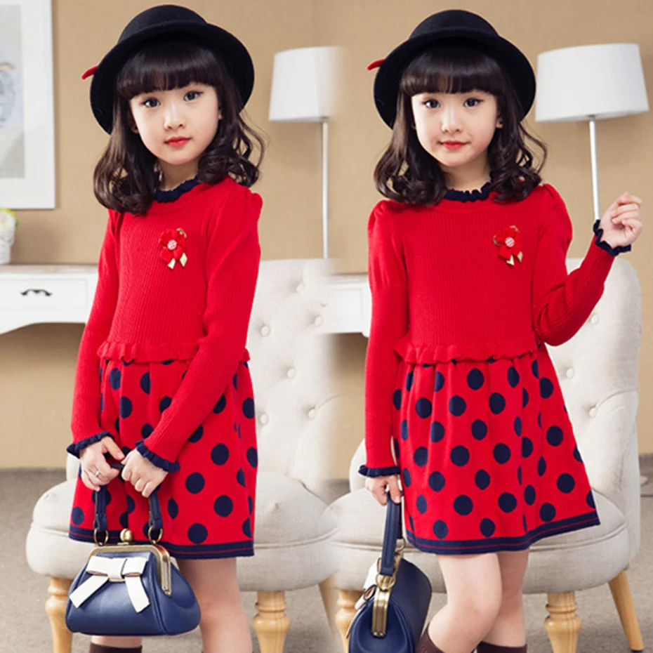 Dresses For Girls Dot Knitted Sweater Dress Party Kids Autumn Winter Christmas Clothes Girl 3 5 8 9 13 Years | Детская одежда и