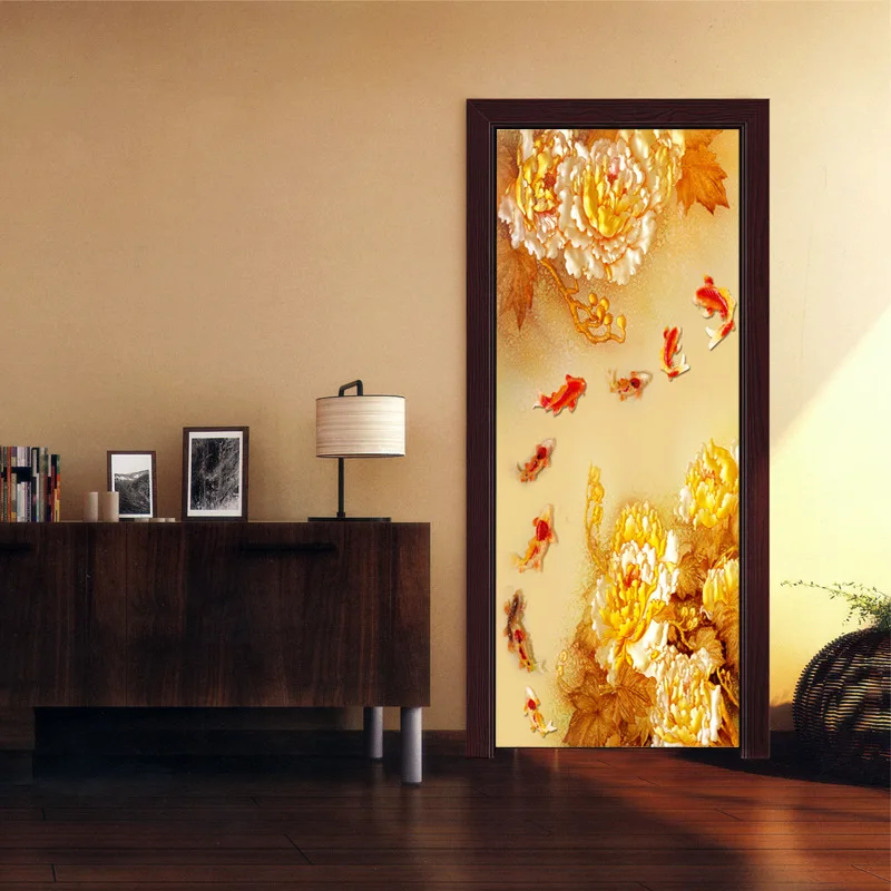 Creative Door Decoration Gold Flower Fish Stickers Waterproof Renovation Bedroom Personality Decals Home Art Mural | Обустройство