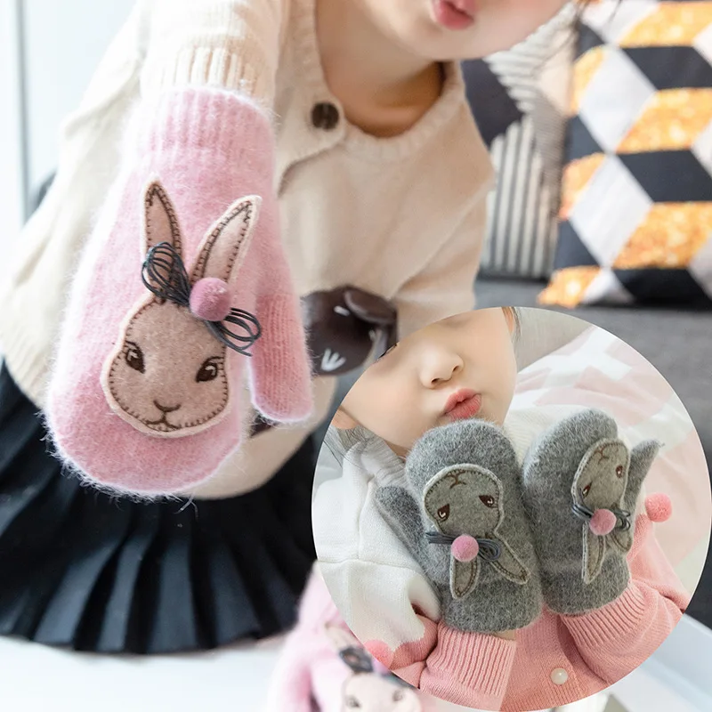 BalleenShiny Cartoon Rabbit Gloves Winter Children Thicken Warm Kids Girls Cute Full Fingers Hair Wool Mittens | Детская одежда и