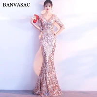 banvasac deep v neck sequined mermaid long evening dresses party half sleeve illusion zipper back prom gowns