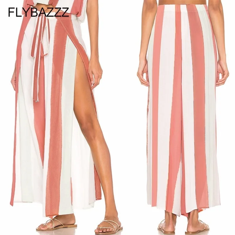 Women Wide Leg Pants 2019 Summer Hot Sexy High Split Yoga Pants High Waist Loose Palazzo Pants Striped Long Trousers Beach Pants