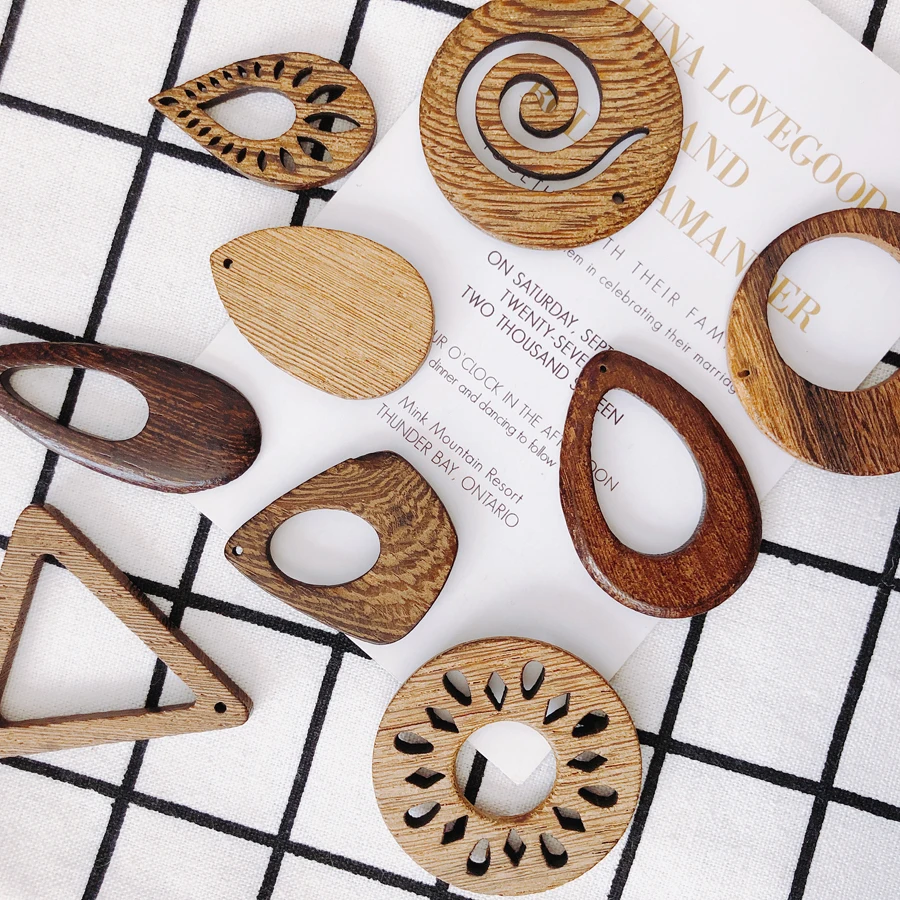 

Diy jewelry accessories natural wood geometric texture retro brown drop-shaped circular triangle handmade earrings pendants