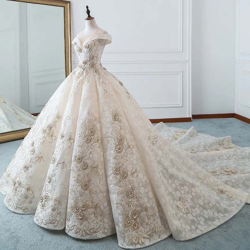 Popodion Off the Shoulder Wedding Dress Bride Luxury Long Trailing Court Dresses vestido de noiva N1029 | Свадьбы и торжества
