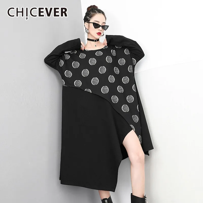 CHICEVER/платья в горошек больших размеров с круглым вырезом и длинными рукавами