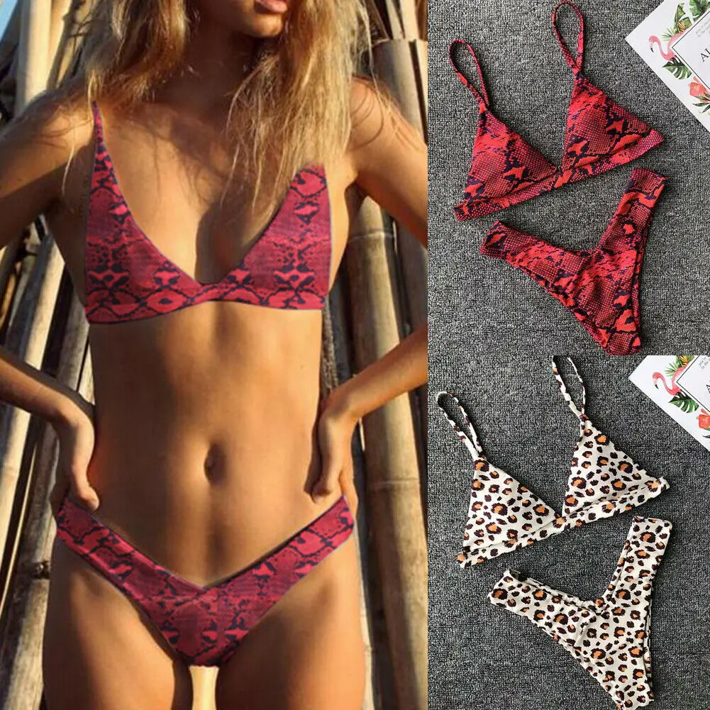 Womens 2pcs Bikini Swimsuit Leopard Print Swimwear Bandeau Bandage Set Padded Beachwear Strappy bra Low waist Bottom | Спорт и