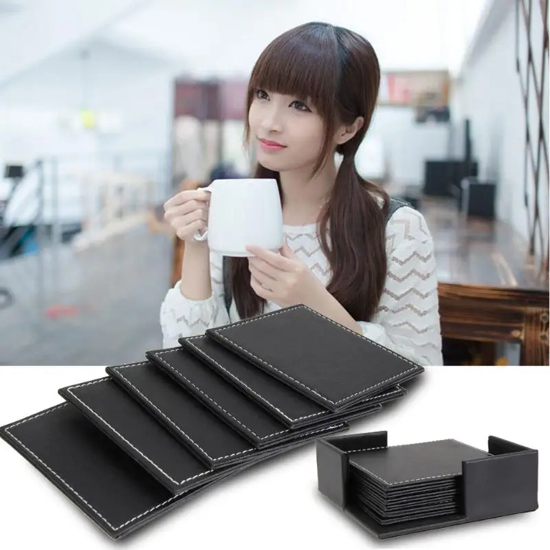 6 Pcs Double-deck Leather Cups Mats Pads Coasters Set Placemat of Cup with Coaster Holder Home Supplier Kitchen Tool Accessories | Дом и сад