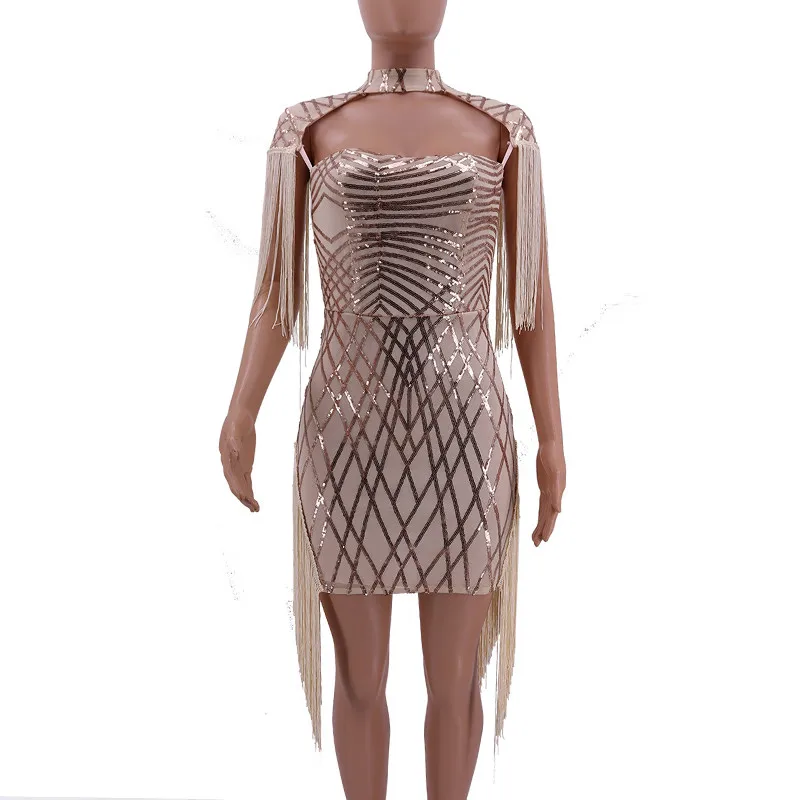 fashion fringe gold sequin dress party crisscross patterns women sexy dresses luxury runway hollow out night club outfits | Женская