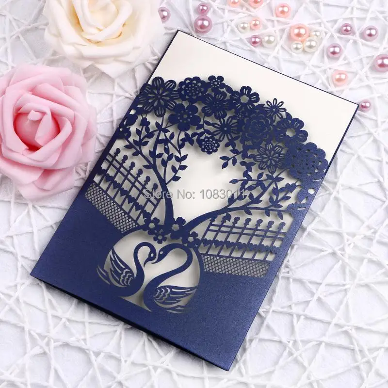 PONATIA 25Pcs Navy Blue Laser Cut Wedding Invitations Cards Hollow Heart Rose for Engagement Birthday Bridal Shower Invites | Дом и сад