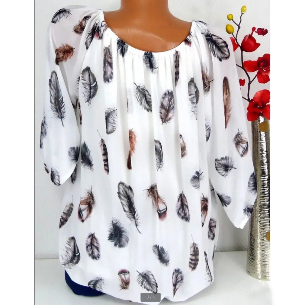 4XL Plus Size Women Tunic Shirt 2020 Summer 3/4 Sleeve Floral Print V-neck Blouses And Tops With Button Big Clothing |