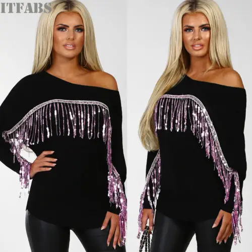 

New Fashion Women's Loose Oversize Round Neck Long Sleeve Casual T-Shirt Tassel Sequins Tops