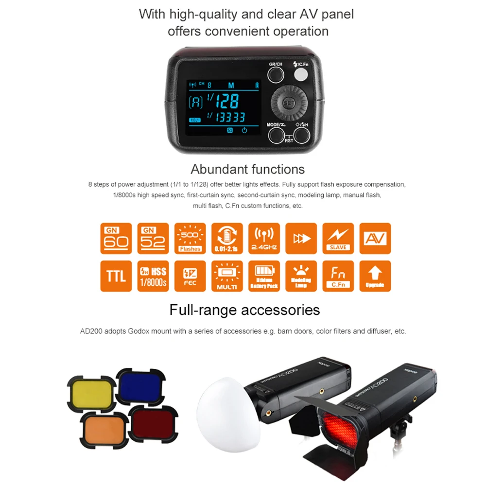Godox AD200 TTL 2.4G HSS 1/8000s Pocket Flash Light Double Head 2900mAh Lithium Battery X1T-C/F/N/O/S For Canon Fuji Nikon Sony |