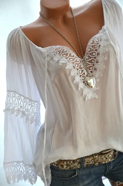 2019 Женские топы с одним плечом и блузки льняные кружевные халата длинным рукавом