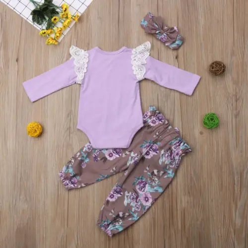 

Newborn Baby Girls Clothes Lace Cotton Lace Ruffle Tops Romper Jumpsuit Bow Harem Pants Headband Outfits Children Clothing Set