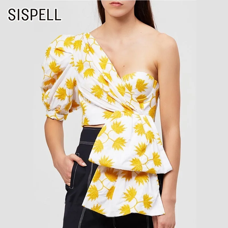 SISPELL 2019 летняя рубашка женское с буфами рукавом открытыми плечами спинки молния