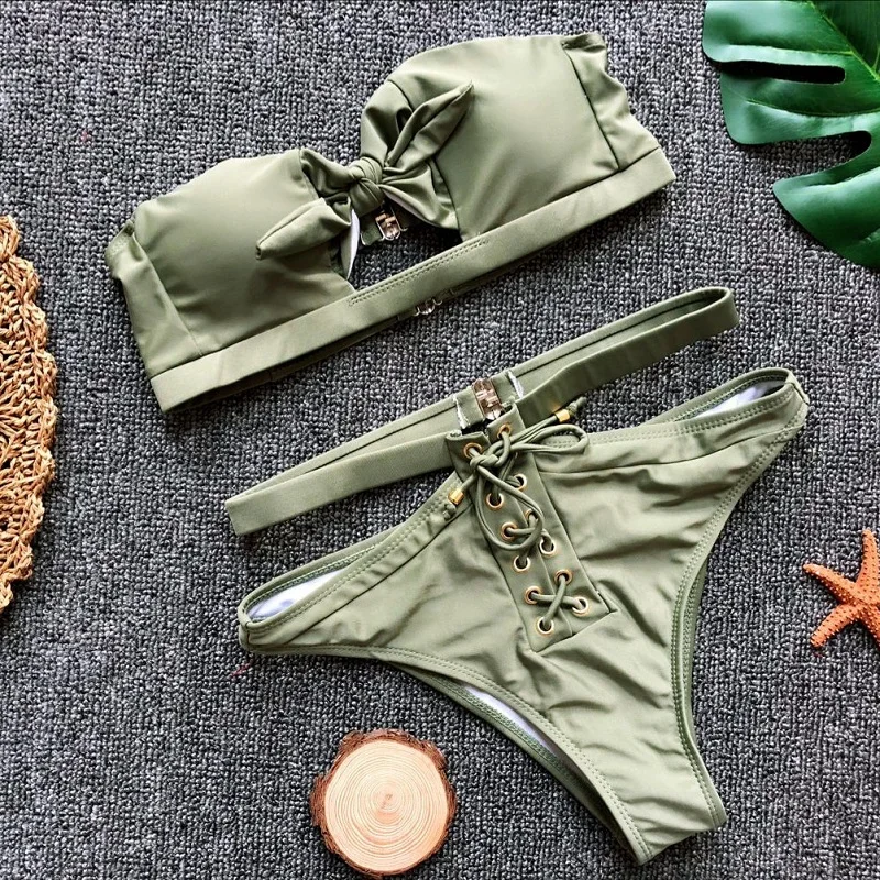 MUXILOVE Sexy Bather High Waist bikini set 2019 swimsuit female swimwear women lace up Bandeau bathing suit swim wear |