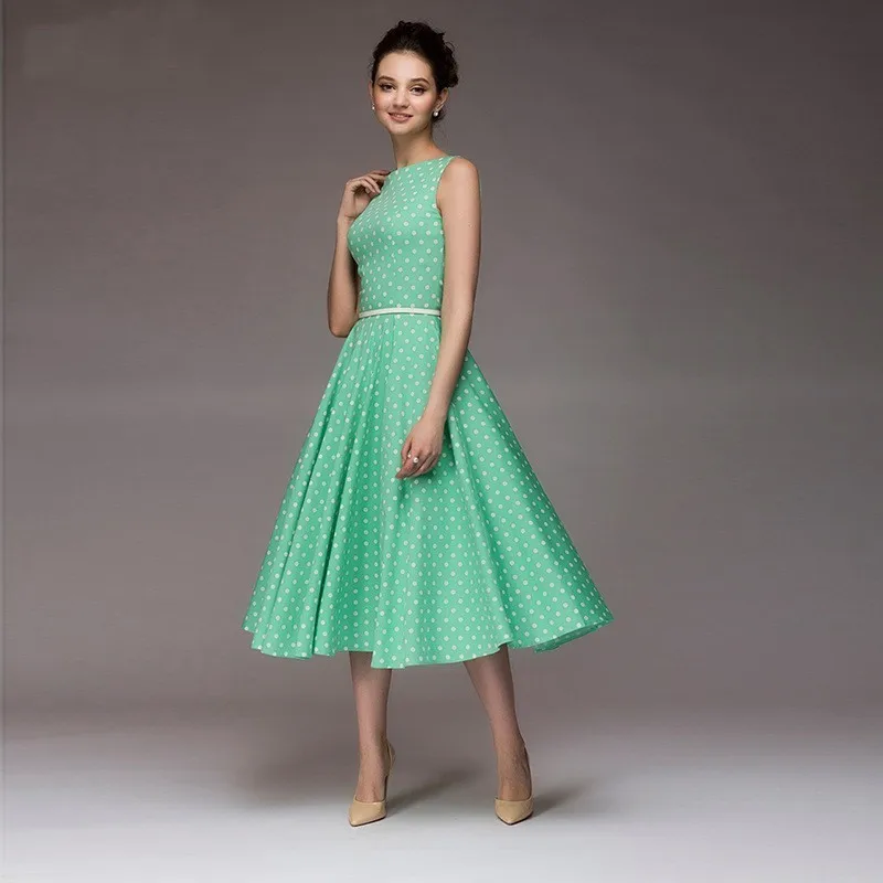 Gentillove Vintage Dress Summer Sleeveless O-neck Vestidos Dot Printing Mid-Calf Casual Elegant Female A-line Dresses | Женская одежда