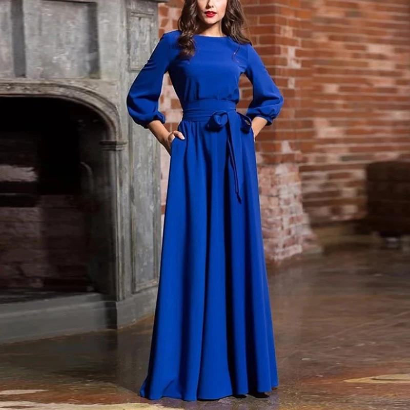 Женское Макси платье с рукавами фонариками элегантные вечерние платья круглым