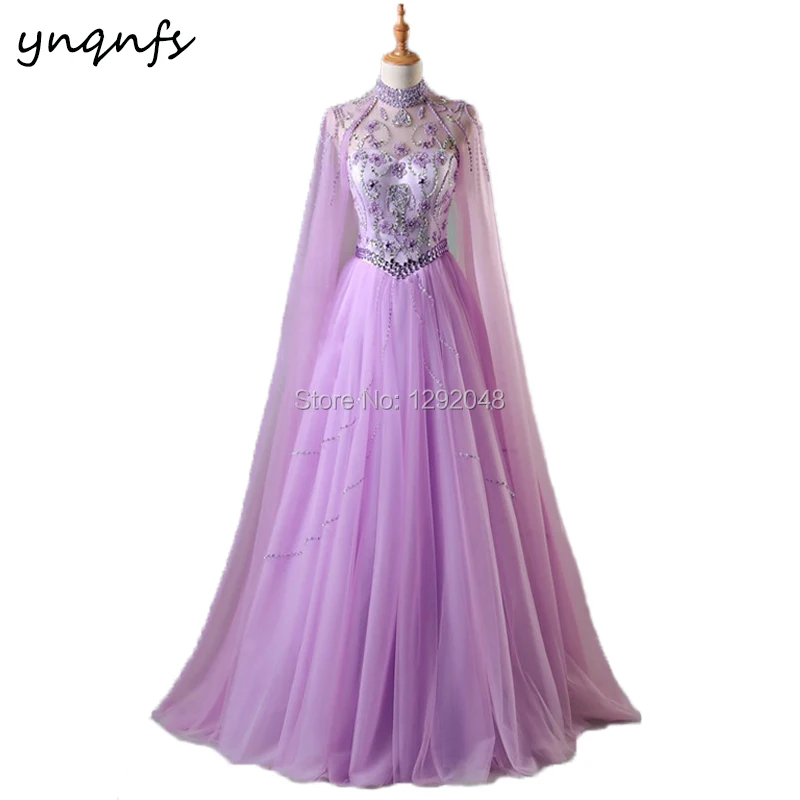 

YNQNFS E1 Robe Soiree Dubai Real Sample Soft Tulle Cloak Cape Long Sleeves Lilac Crystal Luxury Evening Dresses Long 2019