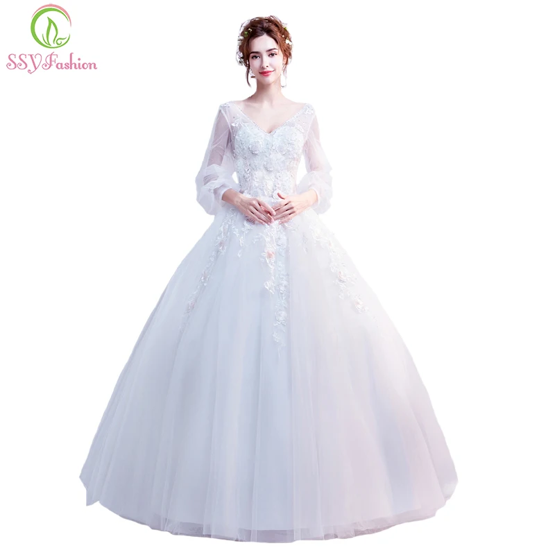 

SSYFashion New Wedding Dress The Bride Married V-neck Long Sleeved Lace Flower Beading Floor-length Wedding Gown In Stock