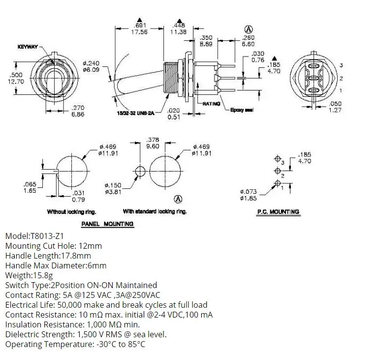 1 шт. SH T8013-Z1 12 мм ON-ON SPDT 3Pin 2 поддержание позиции Мини тумблер большая длинная ручка