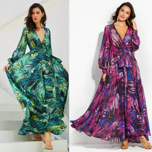2019 Women Boho V-neck Prentde Long Dress Seaxy Cocktail Party Summer Beach Sundress | Женская одежда