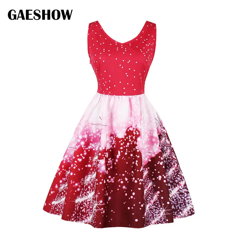 Gaeshow Beautiful Star Christmas Dress Women Plus Size 4XL Sleeveless Dresses Vintage V Neck Midi A-Line Party Vestido Red | Женская