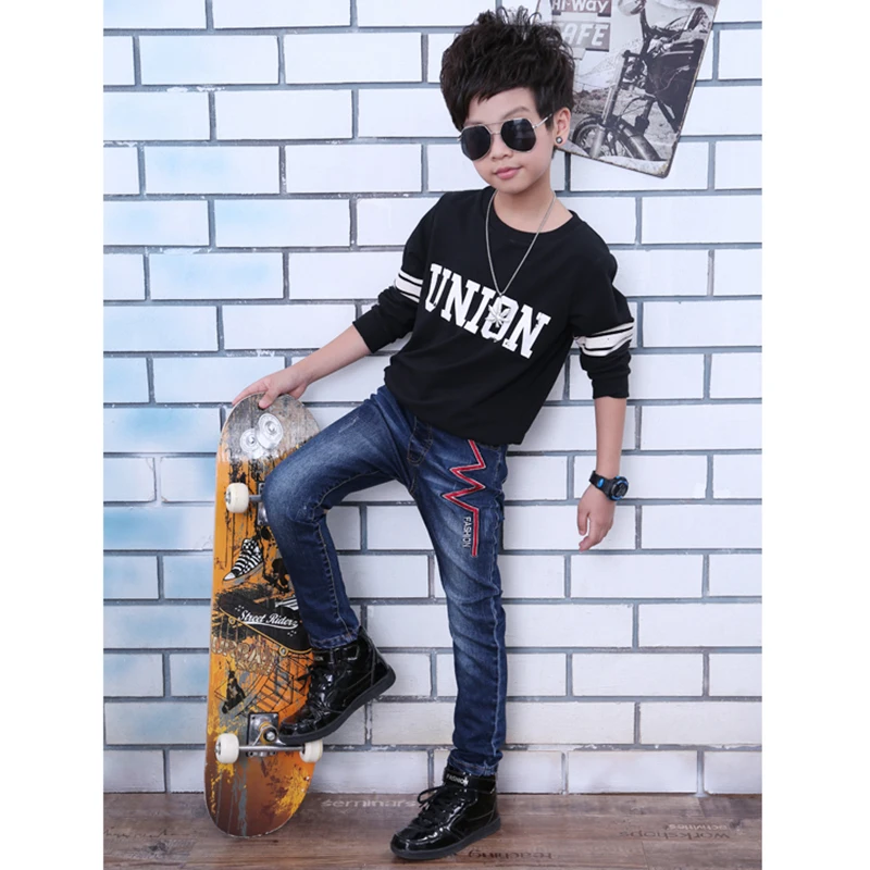 Для мальчиков джинсы 2019 Весна Детские Повседневное зауженные Pants.4Y 15Y дети письмо