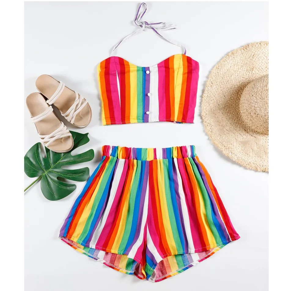 Женский Повседневный Топ в полоску шорты с эластичной резинкой на талии летний