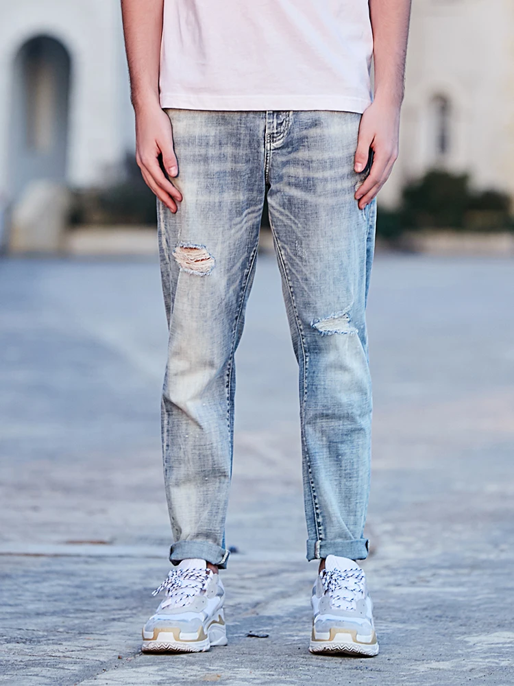 Pioneer Camp 2019 Autumn New Retro Hole Fashion Jeans Men Ankle-Length Pants Cotton Denim Trouser | Мужская одежда